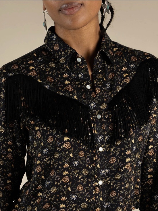 Sendero Provisions Co. Tops - Black Floral Fringe Button-Down Western Shirt Large